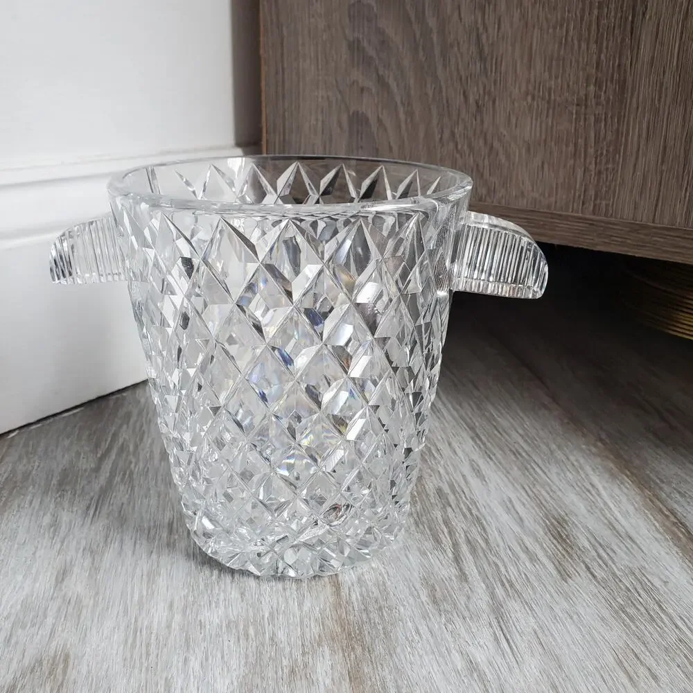 Vintage Crystal Ice Bucket with Handles Glass Diamond Cut